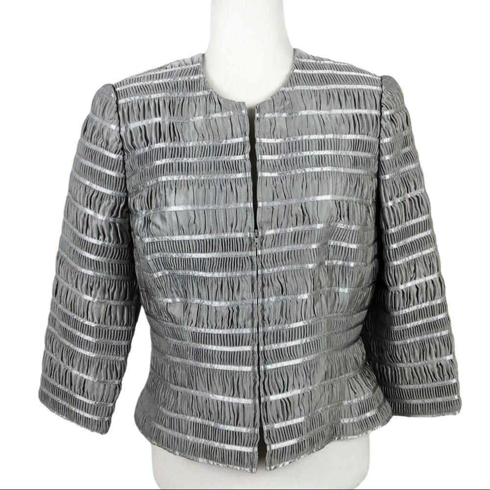 Carmen Marc Valvo Silver Zip Front Shirred Party Cocktail Wedding Jacket Sz 12